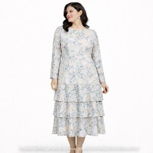 Romantic Cottagecore Prairie Pink Gray Floral‎ Tiered Dress Long Sleeve  3X NWT